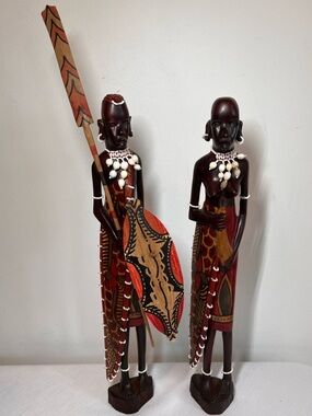 Hand-carved Vintage Ebony Wood Tribal Warrior Sculpture Figurines Man Woman 20”